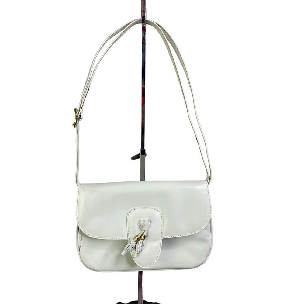 Lederer Vintage Handbag Womens Small White Leather Gold Trim‎ Tasseled Purse